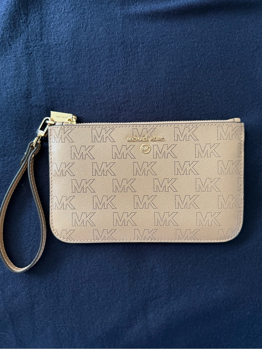 Michael Kors Taupe MK Monogram Leather Wristlet with Gold Hardware